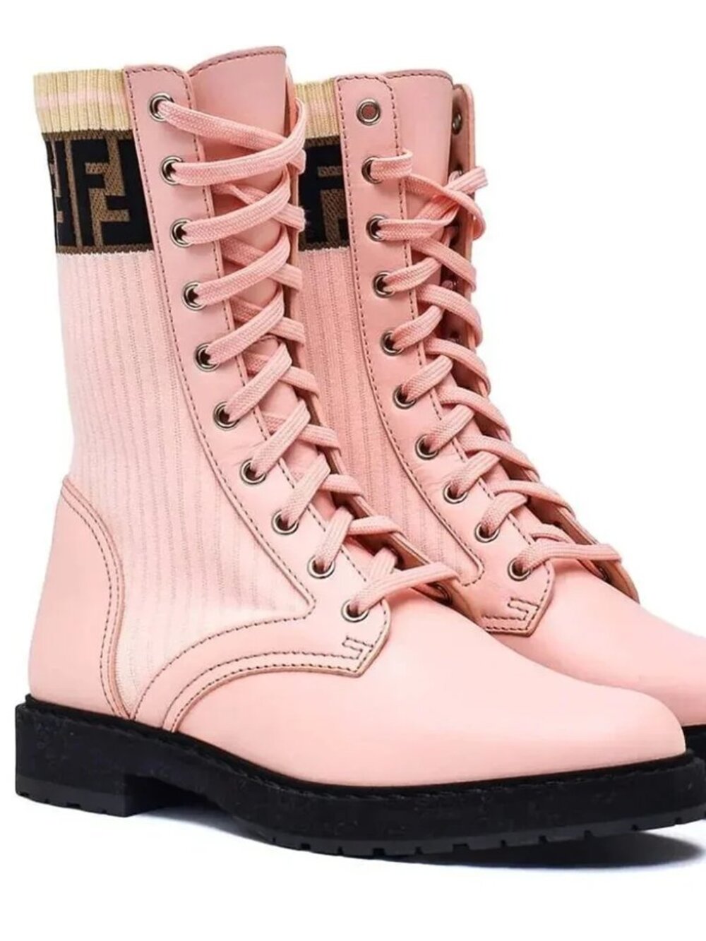 Fendi Rockoko Combat Booties Boots Flats Pink Leather FF Zucca Cuffed Lace Up 40